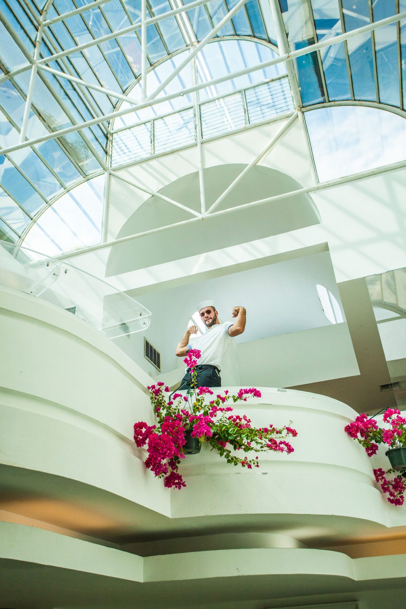 Skylit architecture with bougainvillea